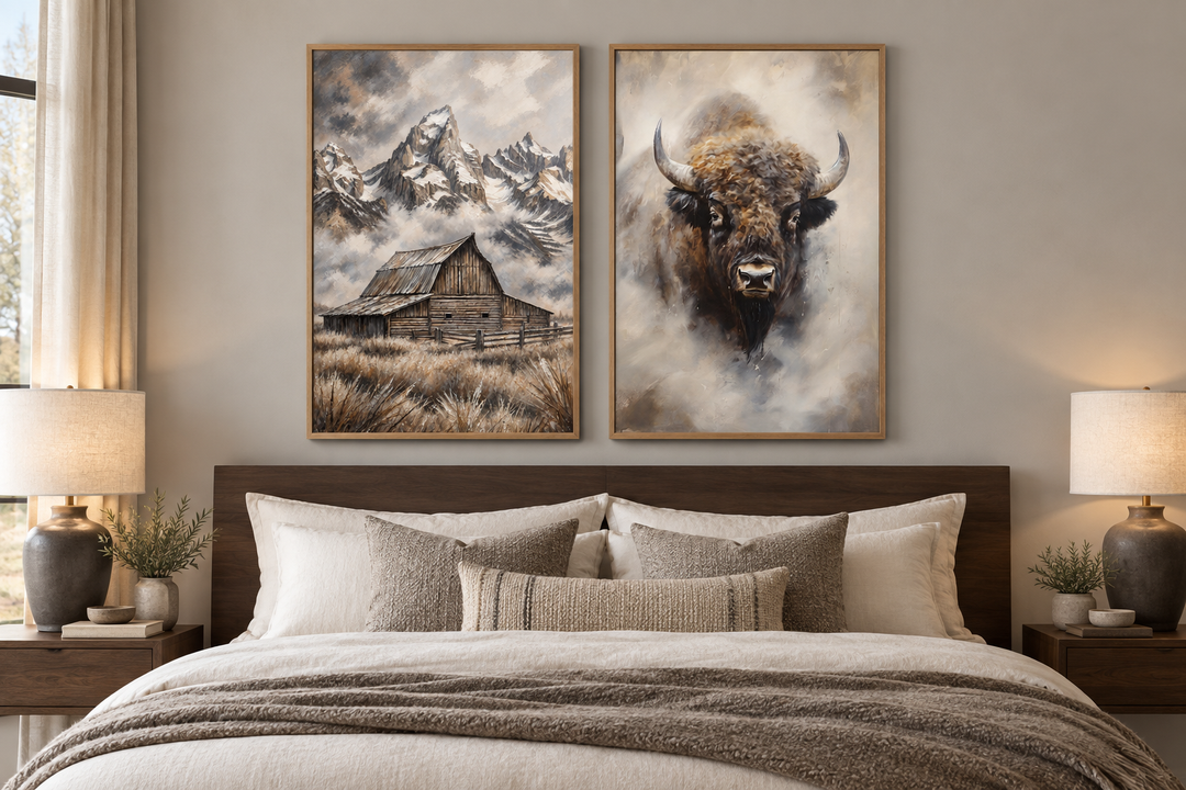 Set of 2 framed canvas prints featuring an American Bison and Moulton Barn in Grand Teton Mountains.