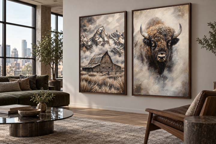 Set of 2 framed canvas prints featuring an American Bison and Moulton Barn in Grand Teton Mountains.