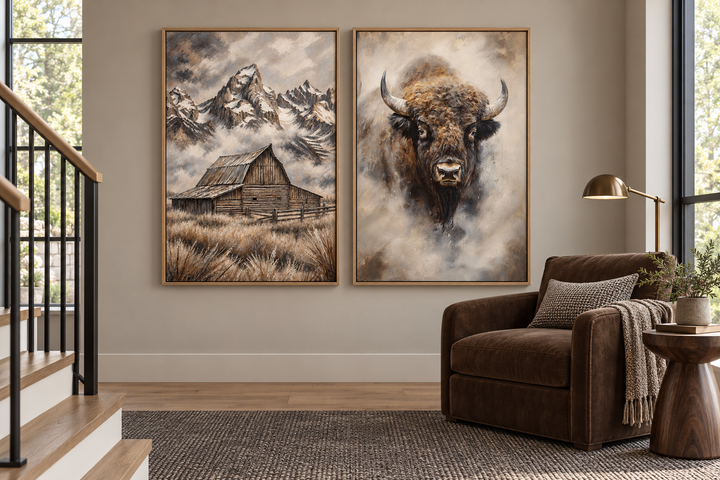 Set of 2 framed canvas prints featuring an American bison and Moulton Barn in the Grand Tetons.