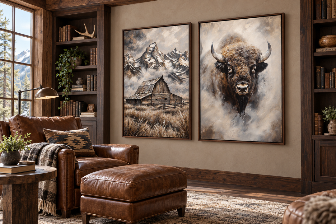 Set of 2 canvas prints featuring an American Bison and Moulton Barn in the Grand Teton Mountains.