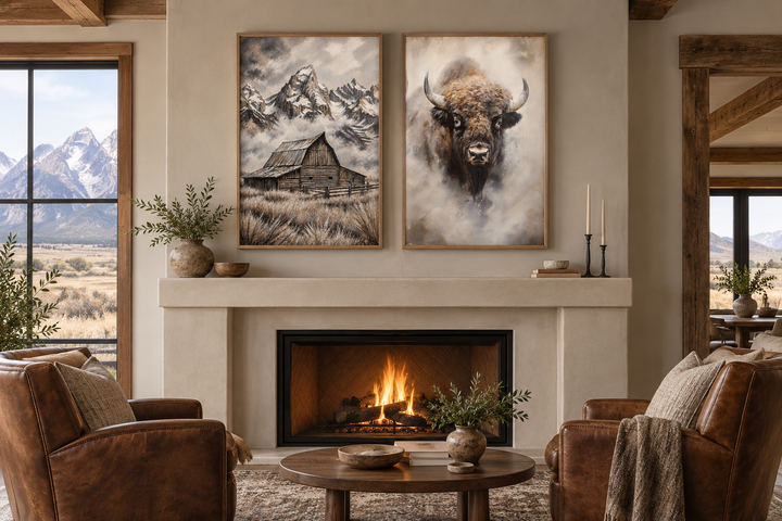 Set of 2 framed wall art prints featuring an American Bison and Moulton Barn in Grand Teton.
