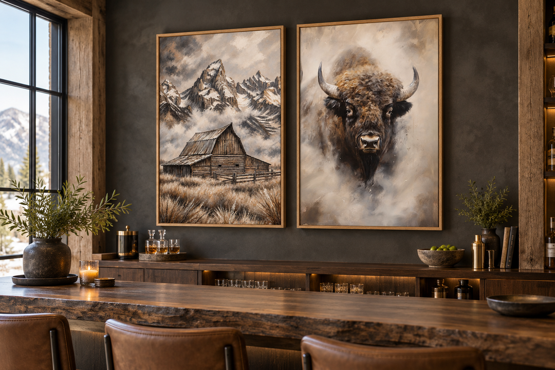 Set of 2 framed canvas prints featuring an American Bison and Moulton Barn in Grand Teton Mountains.