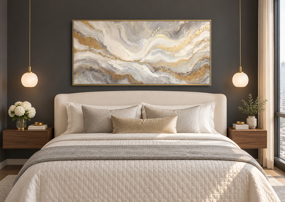 White gold abstract painting in a gold frame hanging above a bed in a modern bedroom.