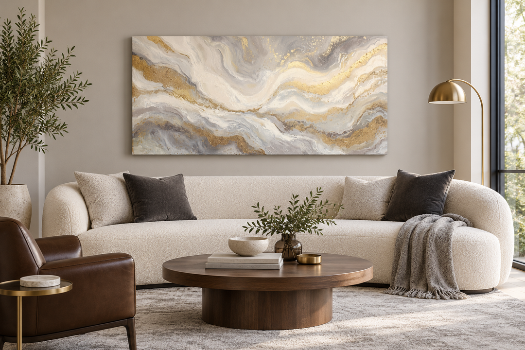 Large horizontal abstract painting with white, grey, and gold swirls above a curved white sofa.