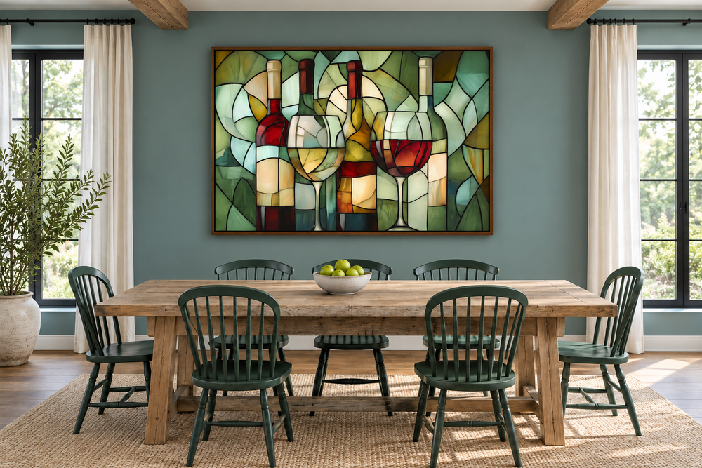 Modern abstract stained-glass style canvas art of wine bottles and glasses in a dining room.
