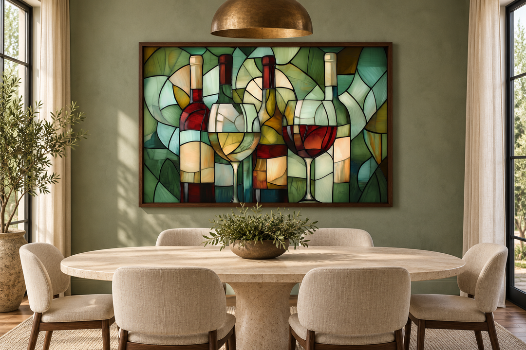 Modern abstract framed canvas wall art of wine bottles and glasses in a stained-glass style.