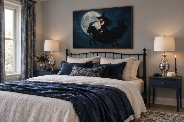 Witch flying on a black goat at full moon canvas wall art in a walnut frame above a bed.