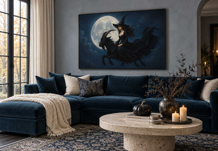 Witch flying on a black goat against a full moon canvas wall art in a dark blue living room.