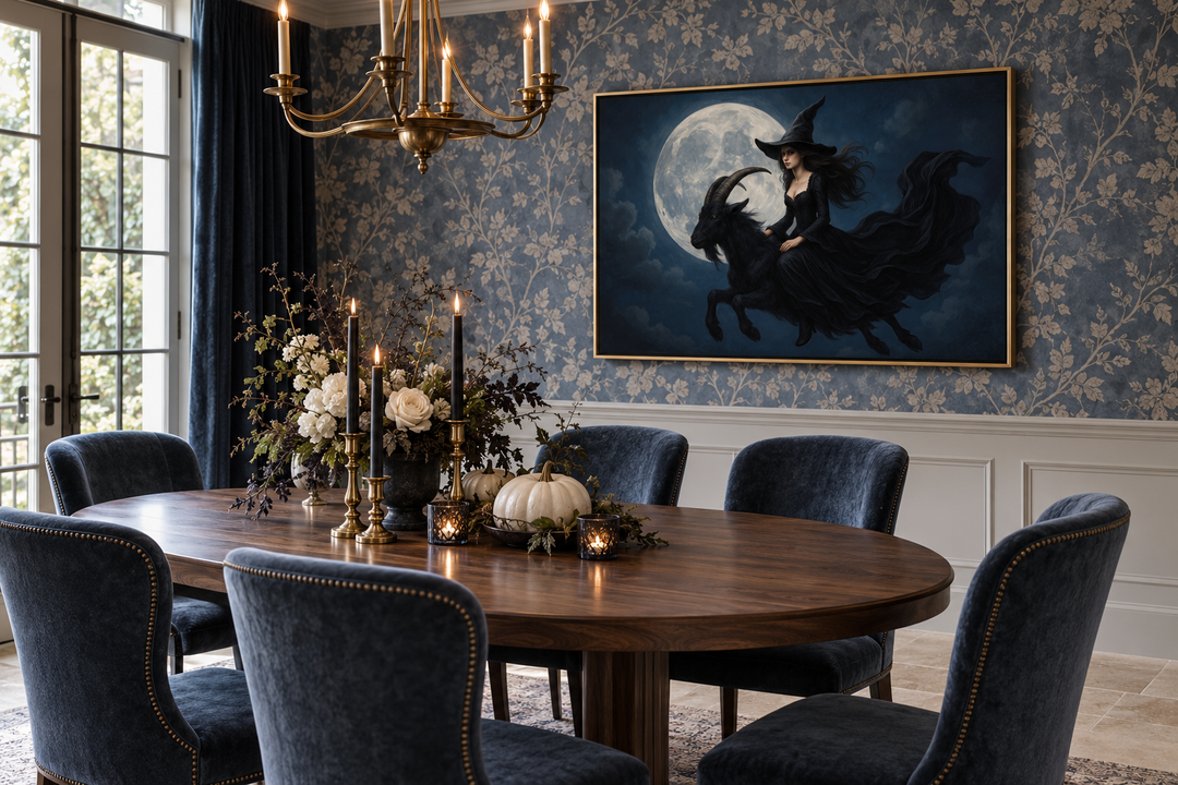 Witch flying on a black goat at full moon canvas wall art in a gold frame over a dining table.