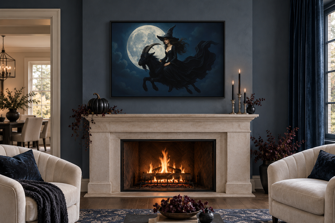 Witch flying on a black goat at full moon Halloween wall art in a black frame above a fireplace.