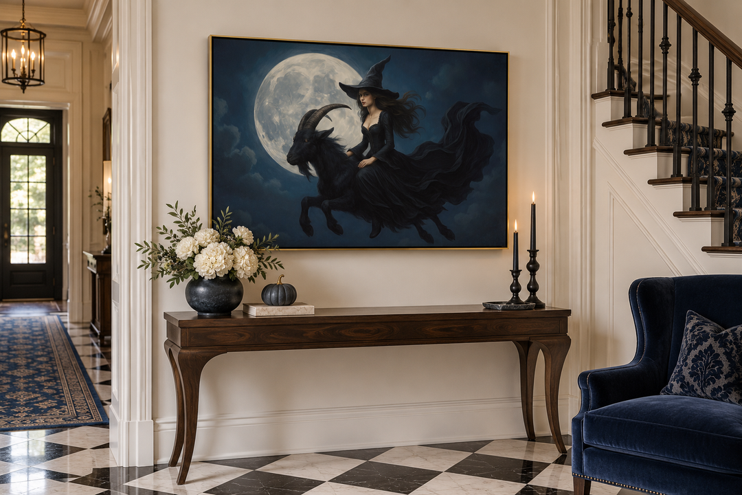 Witch flying on a black goat at full moon canvas wall art in a gold frame above a console table.