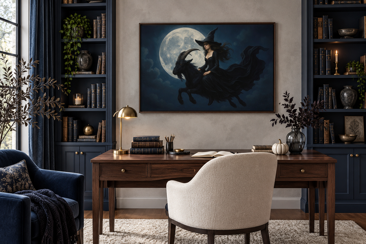 Witch flying on a black goat at full moon Halloween wall art in a walnut frame above a wooden desk.