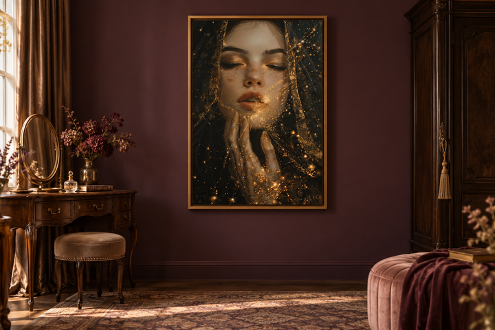 Dark Academia Golden Stardust Framed Canvas Wall Art of a woman in a mysterious golden veil.
