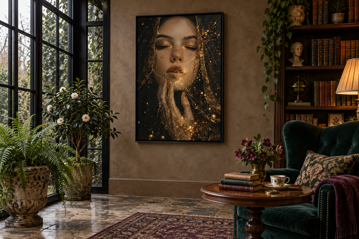 Dark Academia Golden Stardust Framed Canvas Wall Art in a moody, vintage-style library setting.