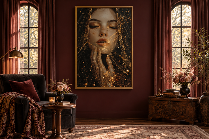 Dark Academia Golden Stardust Framed Canvas Wall Art in a moody room with burgundy walls.