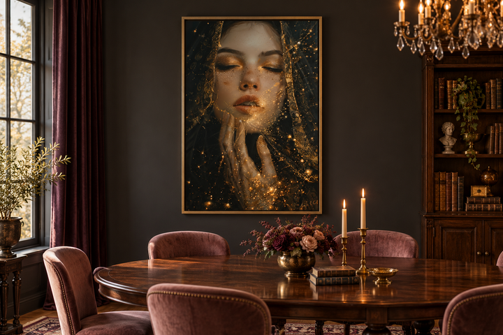 Dark academia framed canvas art of a woman in a golden veil above a dining table with candles.