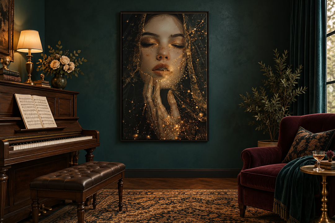 Dark Academia Golden Stardust Framed Canvas Wall Art in a moody music room with a piano.