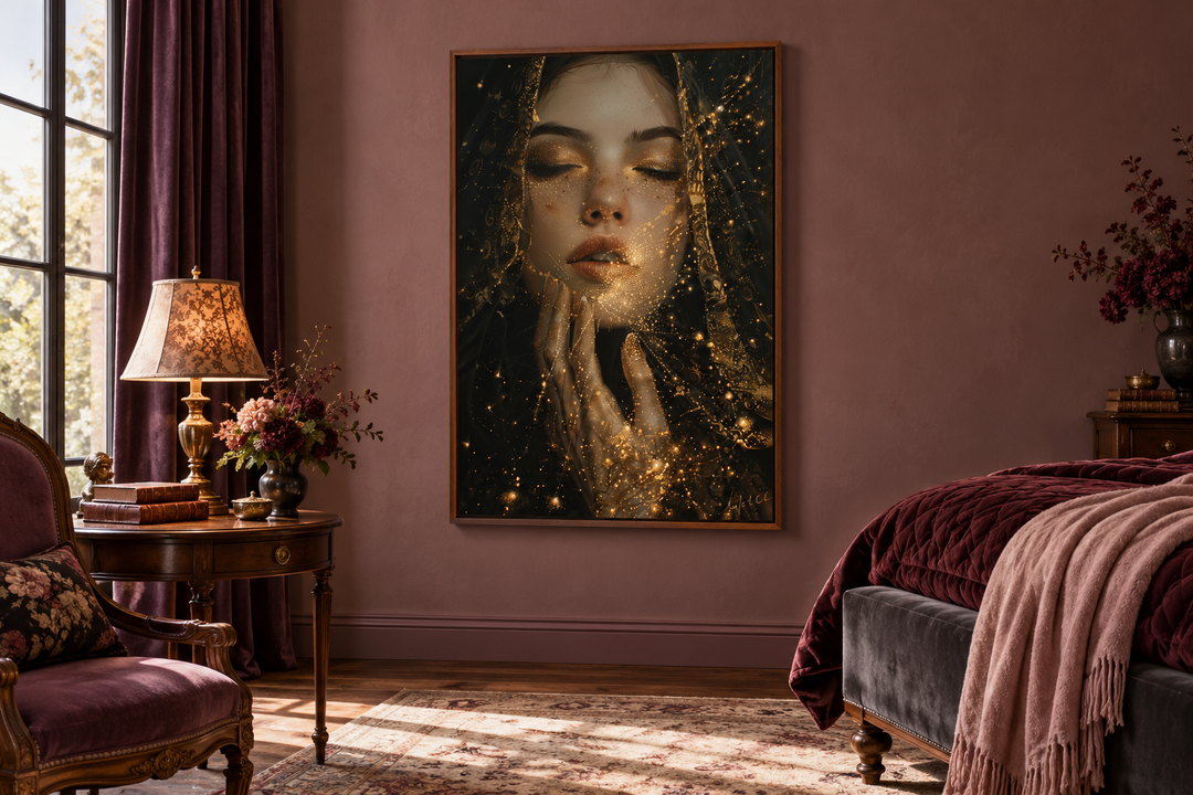 Dark academia framed canvas wall art of a woman in a golden stardust veil in a mauve bedroom.