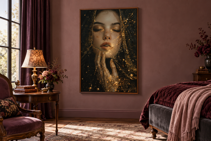 Dark academia framed canvas wall art of a woman in a golden stardust veil in a mauve bedroom.
