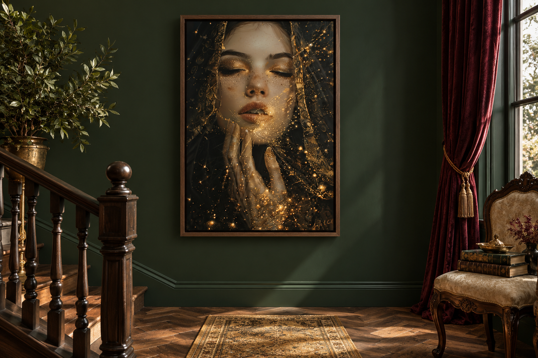 Dark Academia framed canvas wall art of a woman with golden stardust on a forest green wall.