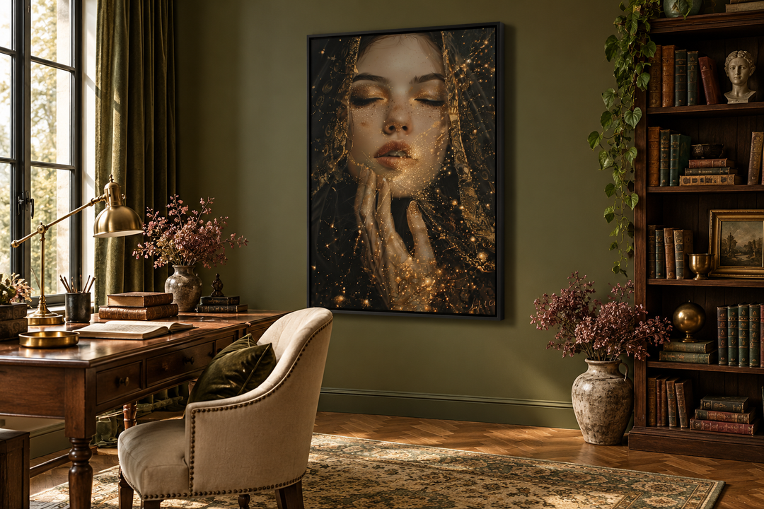 Dark academia framed canvas wall art of a woman veiled in golden stardust in a moody study.