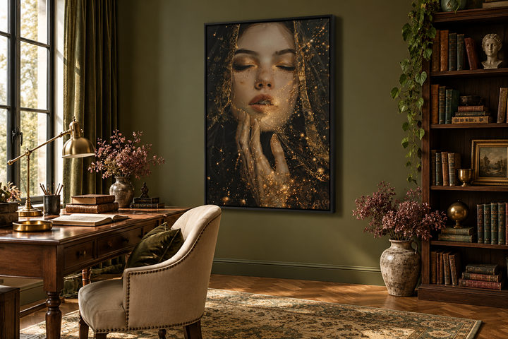 Dark academia framed canvas wall art of a woman veiled in golden stardust in a moody study.