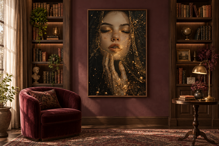 Dark academia framed canvas art of a woman with golden stardust in a moody library setting.