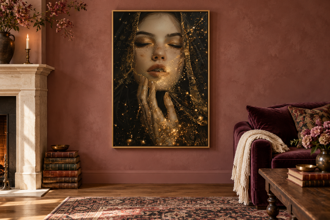 Dark Academia Golden Stardust Framed Canvas Wall Art of a woman in a gold frame over a fireplace.