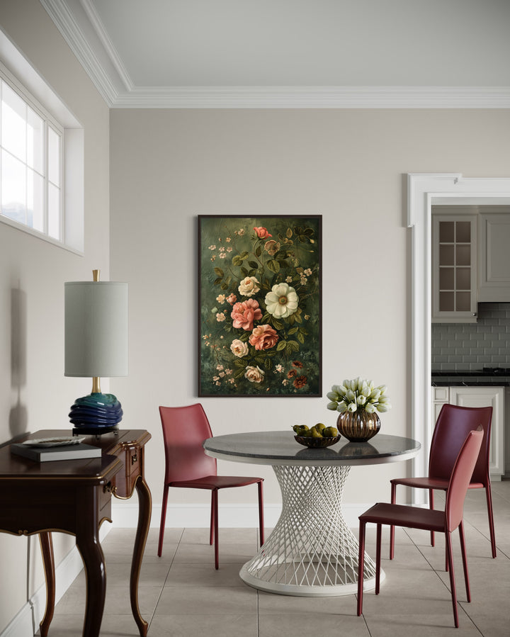 a painting of flowers on a wall above a table