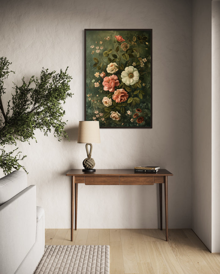 a painting of flowers on a wall above a table