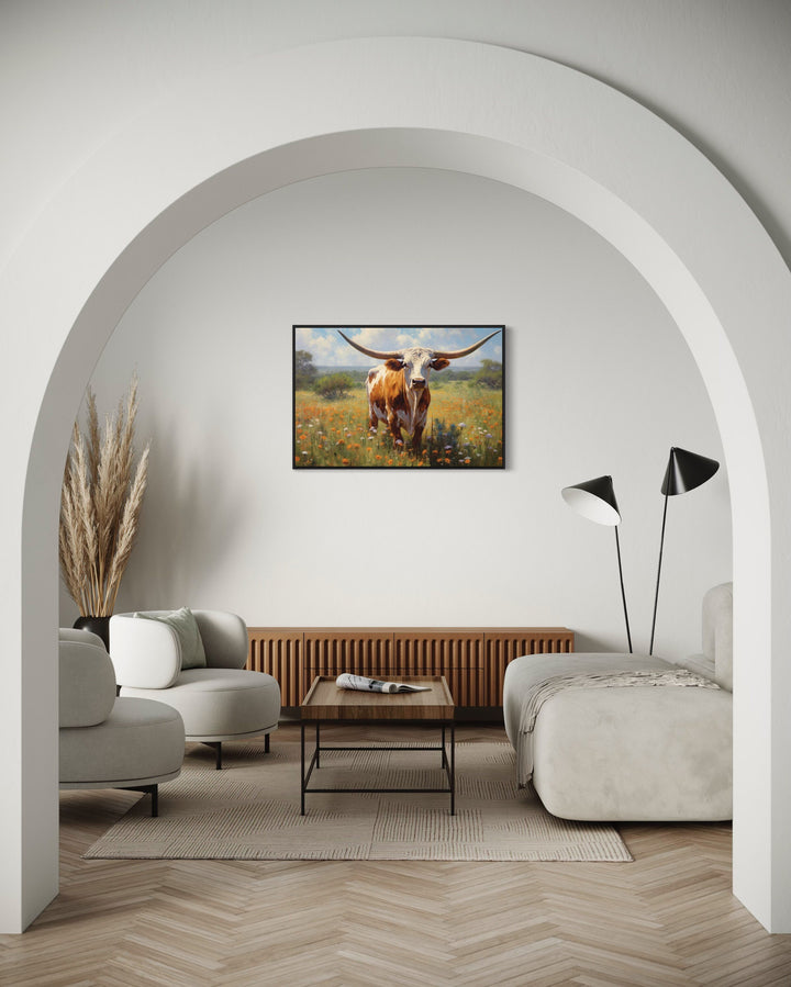 Texas Longhorn Cow Painting Wall Art "Texan Sunbeam" in modern home