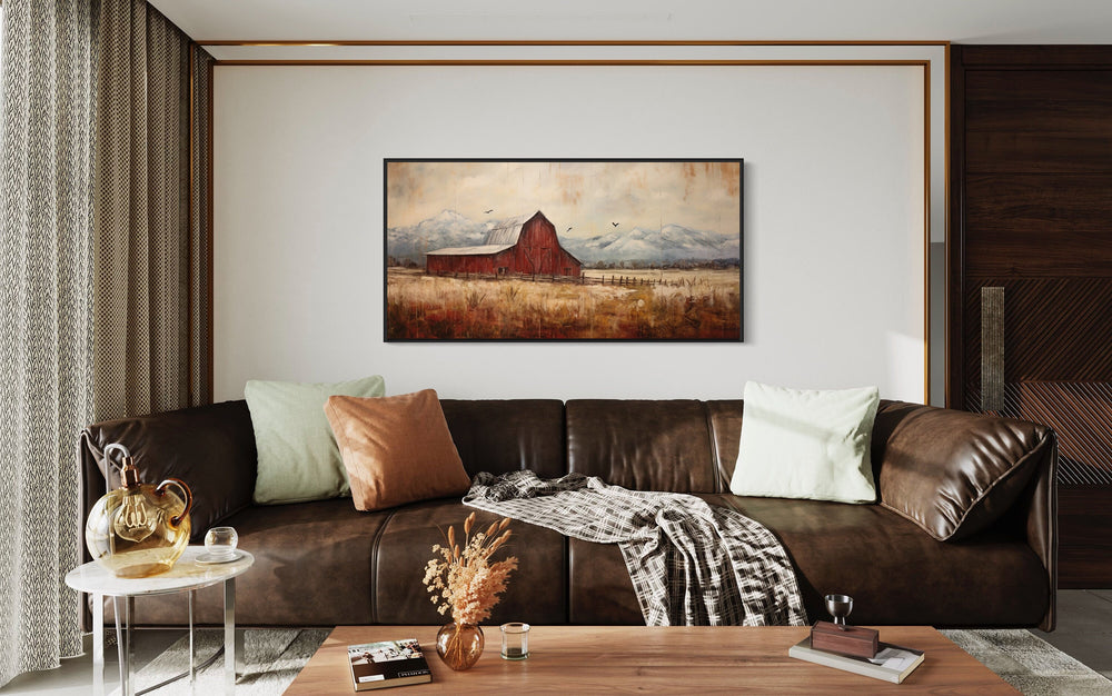 Red Barn Farmhouse Rustic Wall Art "Homestead Horizon" hanging over brown couch