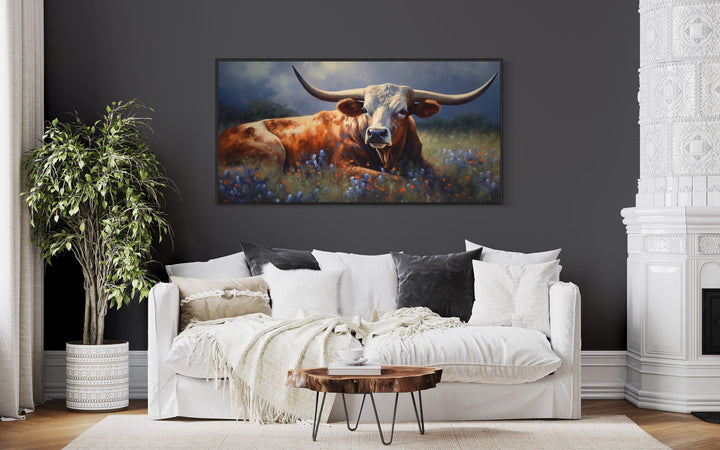 Texas Longhorn Cow Wall Art "Bluebonnet Serenade" over white couch