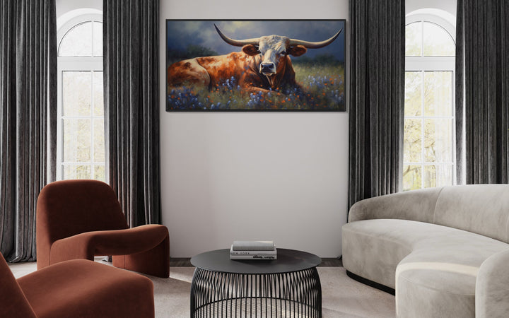 Texas Longhorn Cow Wall Art "Bluebonnet Serenade" in modern living room