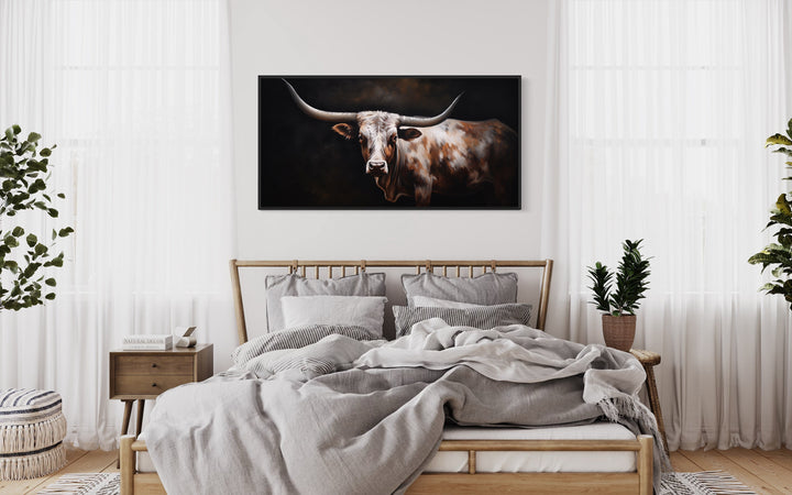 Texas Longhorn Cow Oil Painting Extra Large Wall Art "Sovereign Steer" over wooden rustic bed