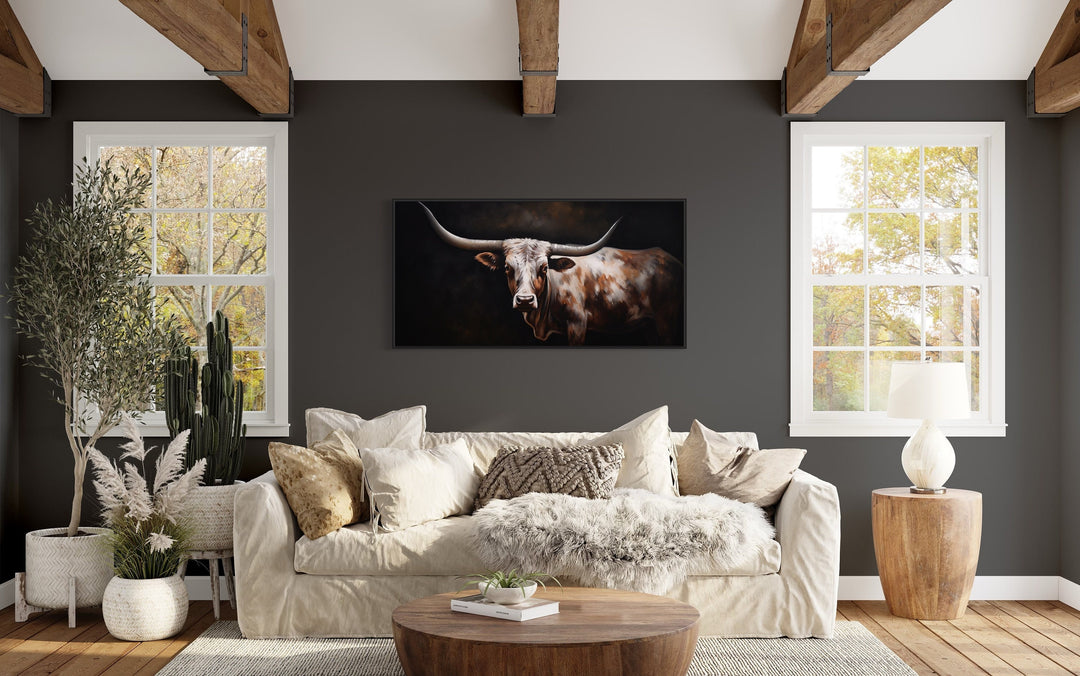 Texas Longhorn Cow Oil Painting Extra Large Wall Art "Sovereign Steer" over beige couch