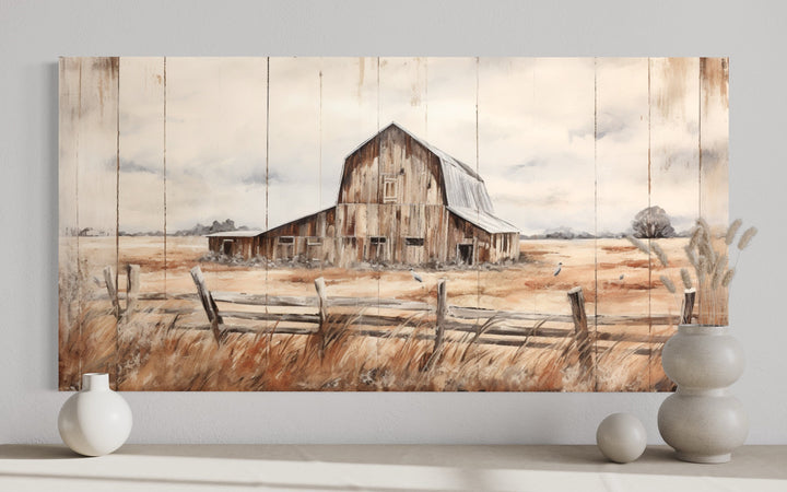 close up view of Old Farm Barn Painting On Wood Canvas Wall Art "Pastoral Harmony"