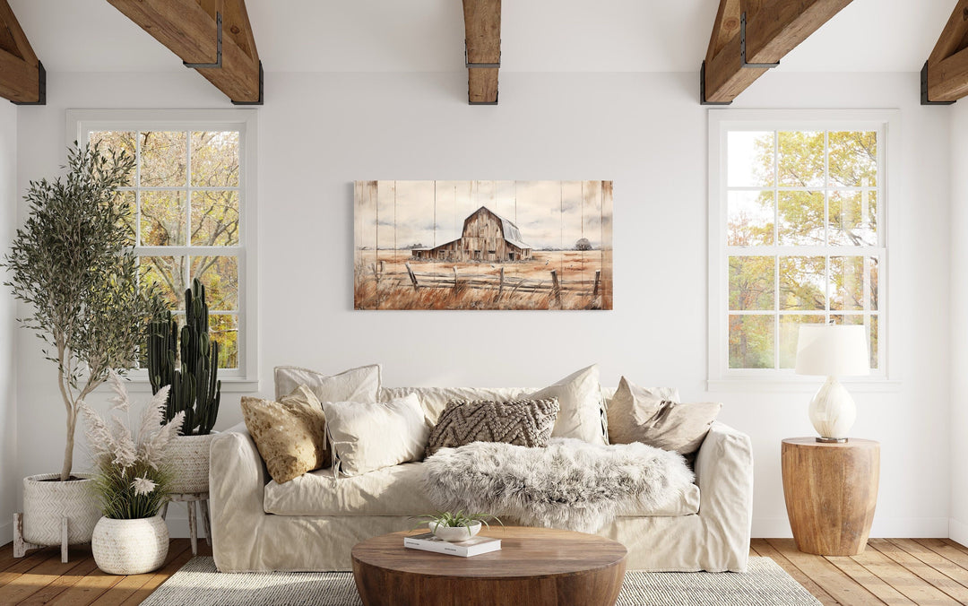 Old Farm Barn Painting On Wood Canvas Wall Art "Pastoral Harmony" hanging over beige couch