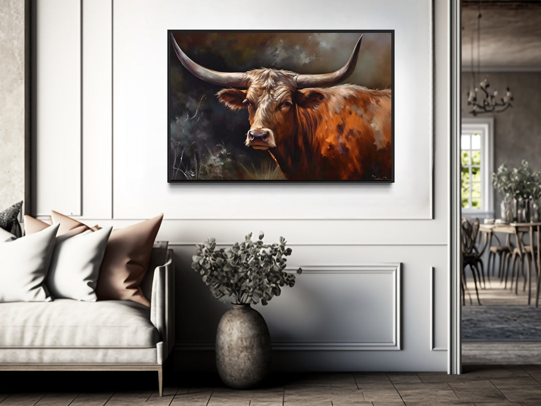 Texas Longhorn Cow Wall Art "Majestic Longhorn" in rustic home