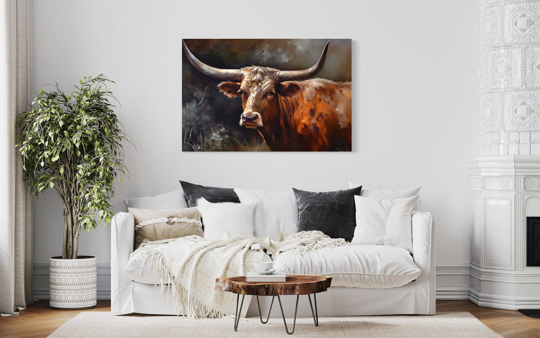 Texas Longhorn Cow Wall Art "Majestic Longhorn" over white couch
