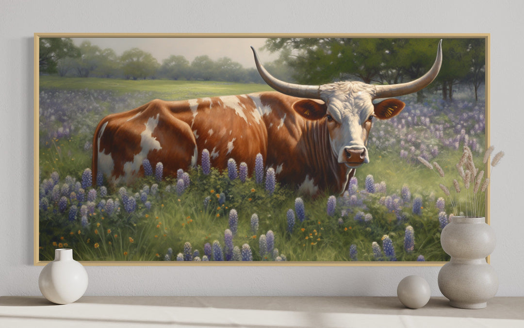 close up view of Texas Longhorn In Bluebonnets Wall Art "Springtime Serenity"