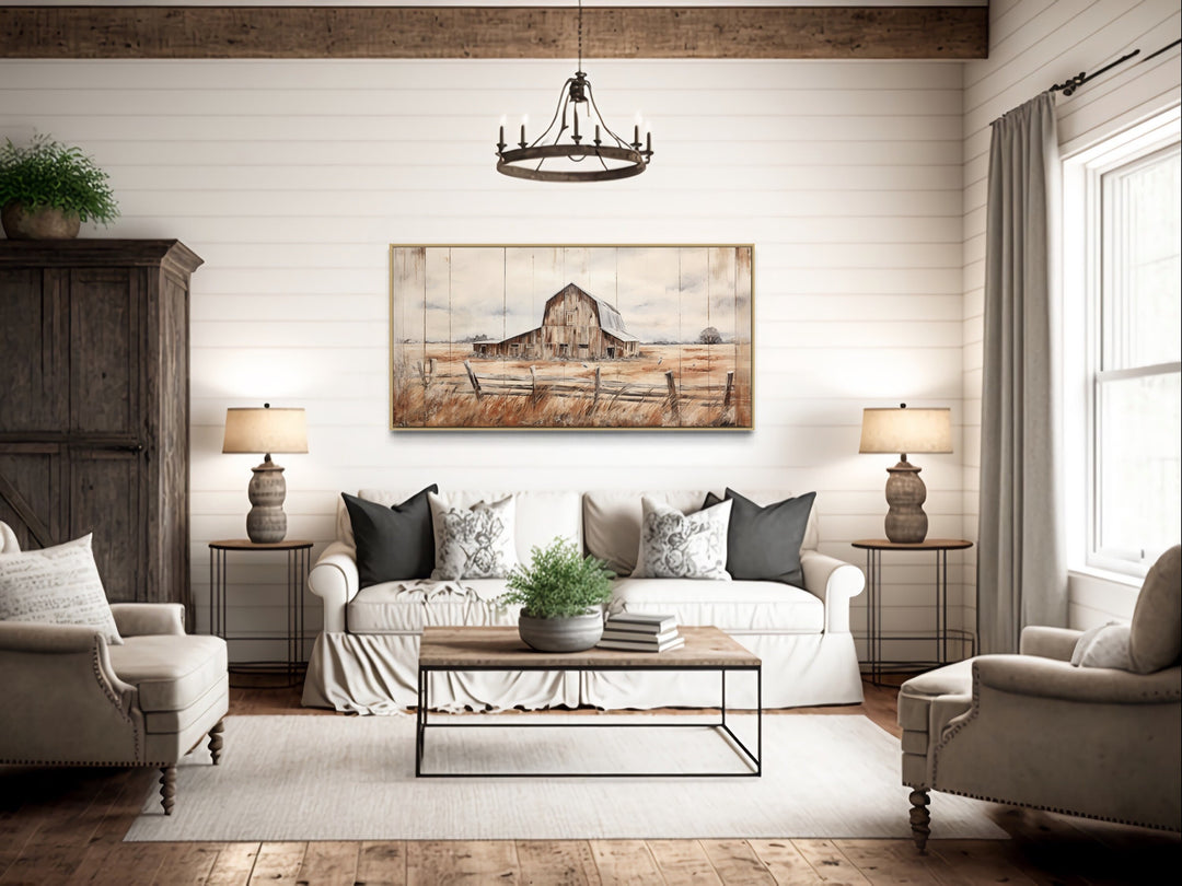 Old Farm Barn Painting On Wood Canvas Wall Art "Pastoral Harmony" hanging over rustic couch