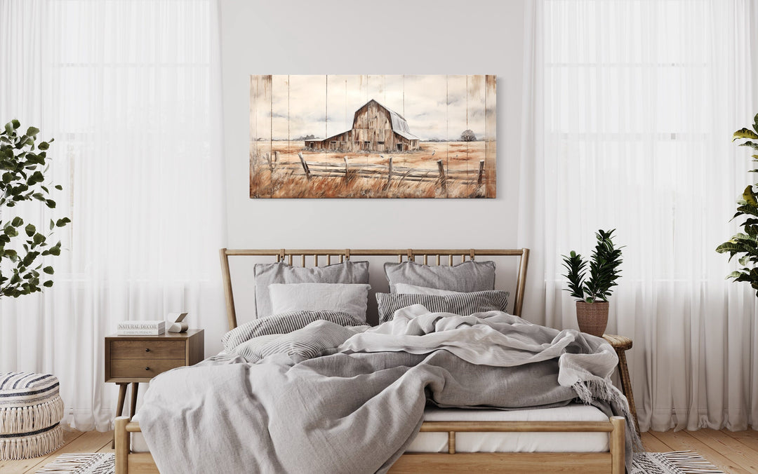 Old Farm Barn Painting On Wood Canvas Wall Art "Pastoral Harmony" hanging over wooden bed