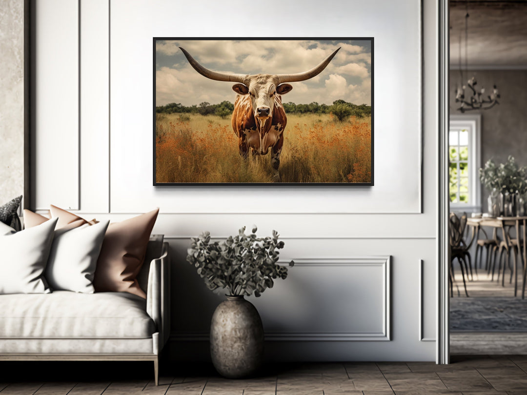 Sepia Texas Longhorn Cow Wall Art "Prairie Monarch" in rustic home