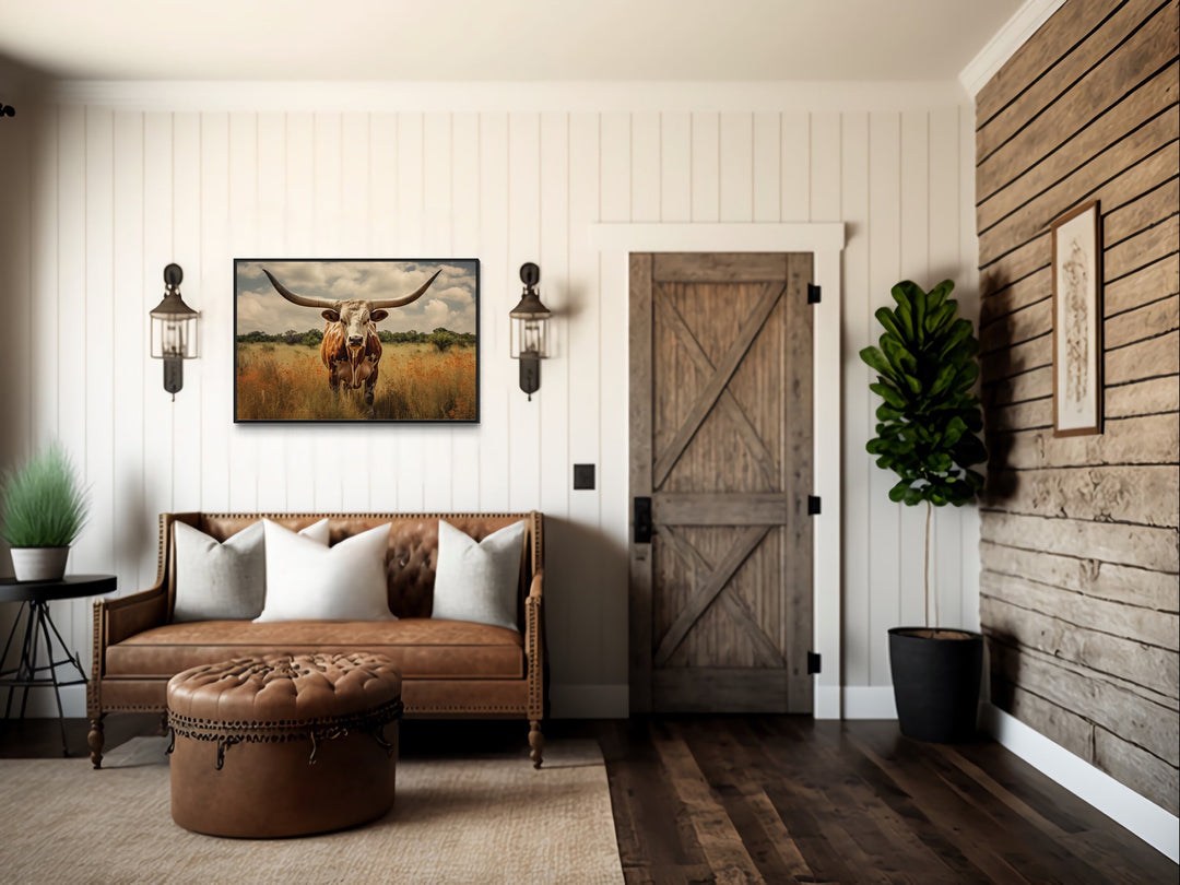 Sepia Texas Longhorn Cow Wall Art "Prairie Monarch" in rustic house