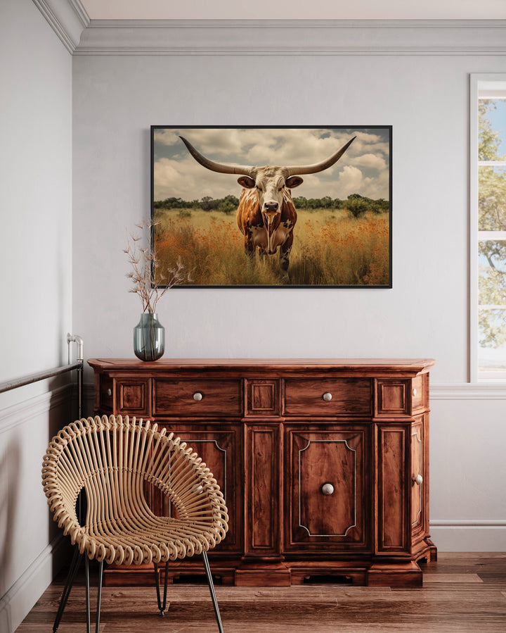 Sepia Texas Longhorn Cow Wall Art "Prairie Monarch" in modern home