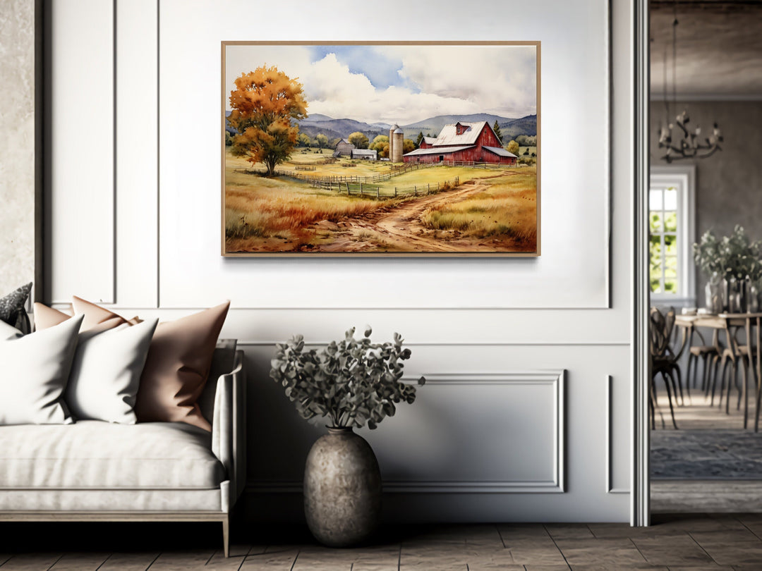 Farm Scene Painting With Red Barn in The Field Wall Art "Autumn Farmstead" hanging in rustic home