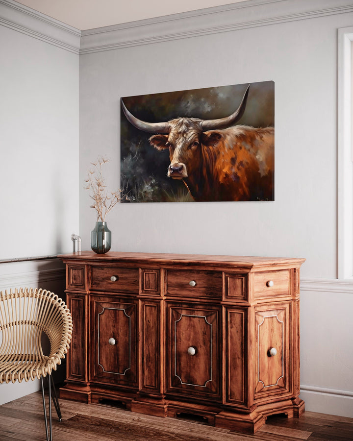 Texas Longhorn Cow Wall Art "Majestic Longhorn" side view over wooden furniture