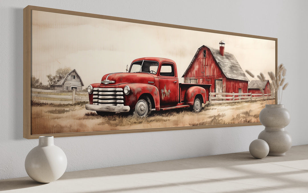 close up of Red Truck And Barn Painting on Wood Long Horizontal Canvas Wall Art "Rural Americana" in oak frame