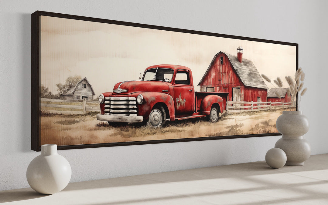 Close up of Red Truck And Barn Painting on Wood Long Horizontal Canvas Wall Art "Rural Americana" in walnut frame